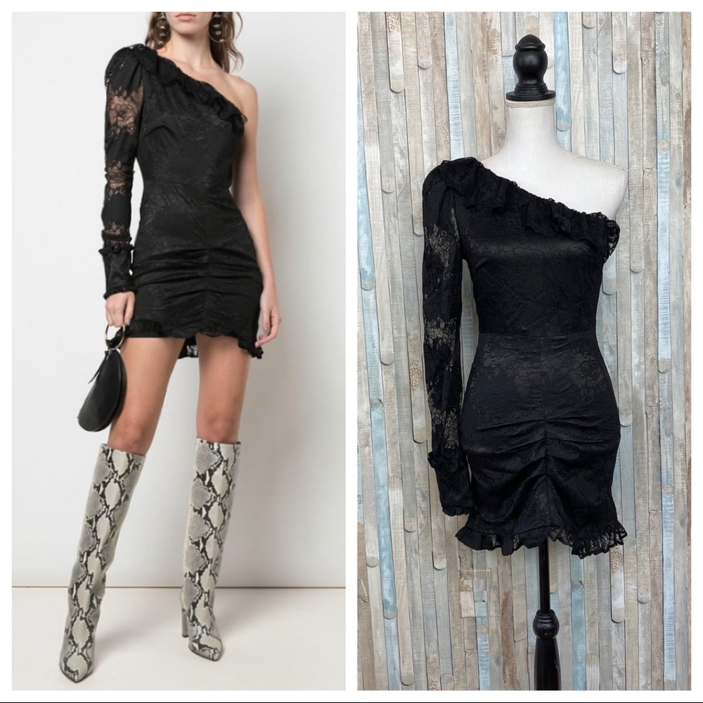 Alexis XS Black Lace One Shoulder Ruched Ilana Mini Dress Bodycon Cocktail Party